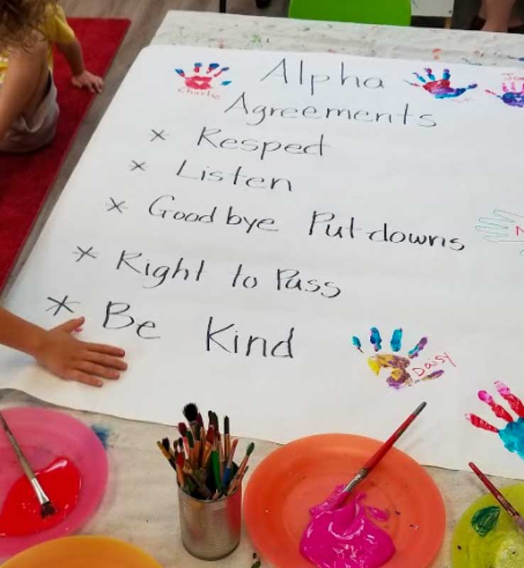 Student uses hand print to sign agreement at social emotional learning elementary.