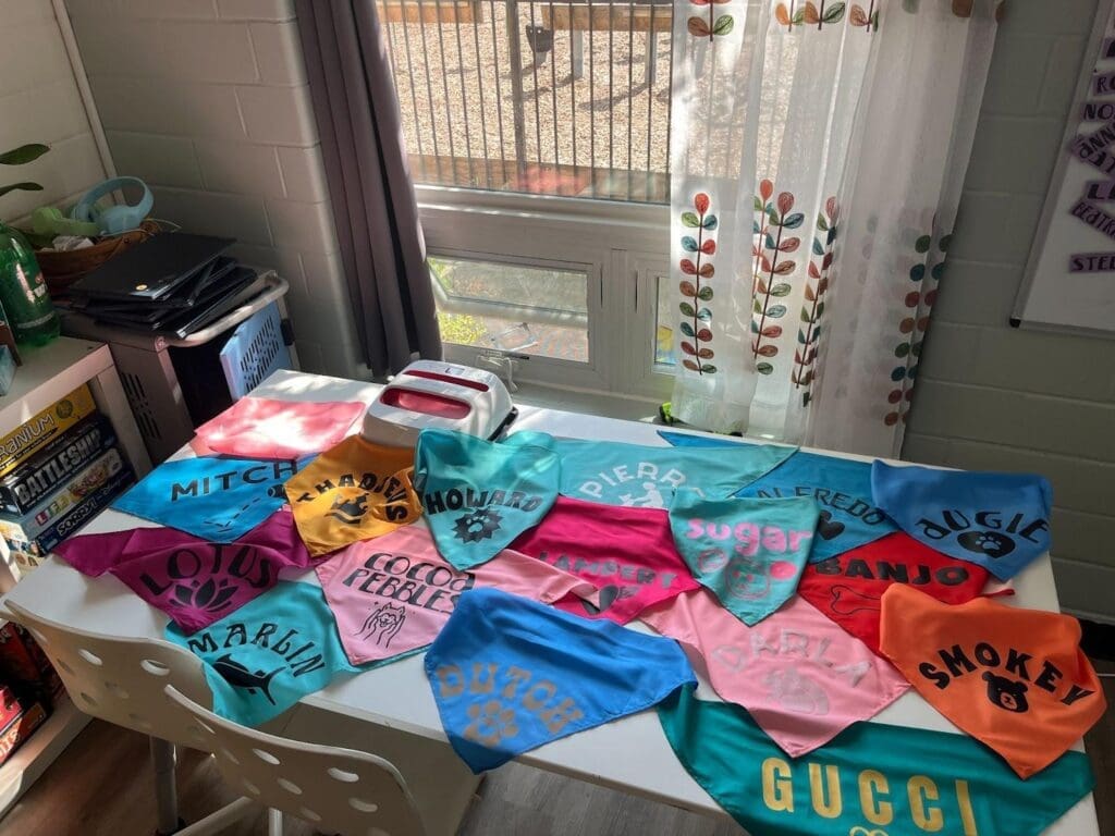 Fourth and fifth grade students made these dog bandanas for a charity project.