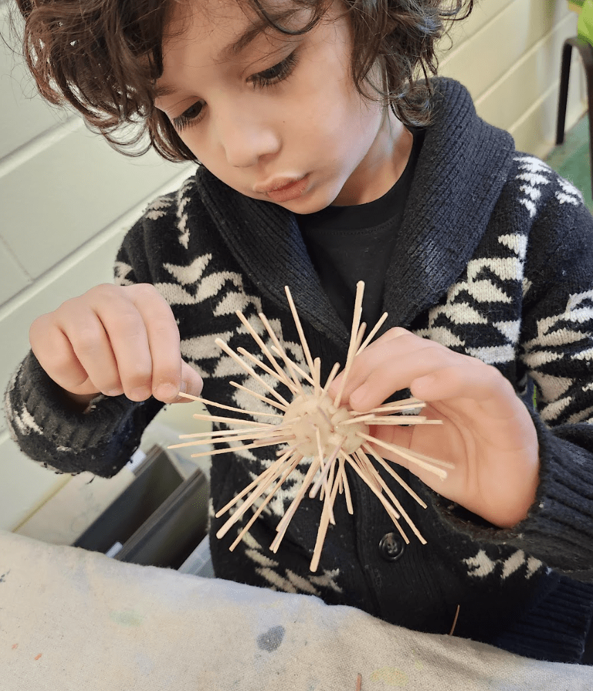 Kindergarten student builds model sea creature at project based school.