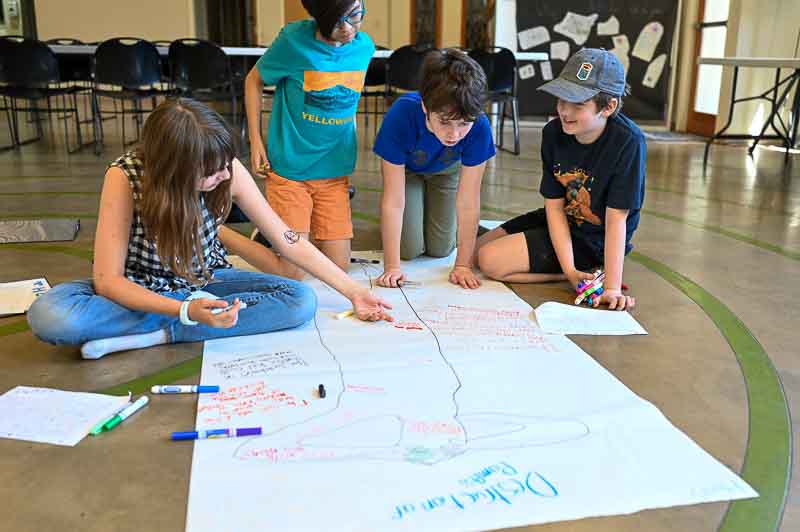 Sixth grade student work on history project together at progressive school in Austin.