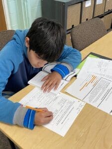 Seventh grader at progressive middle school works on English assignment.