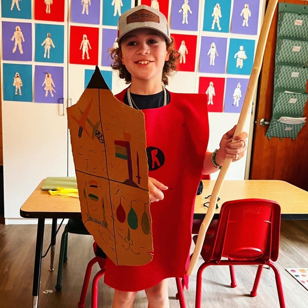 Third grader dressed at knight at private school in Austin.