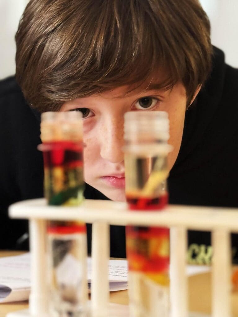 Sixth grader stares at vials of fluid at STEM middle school.