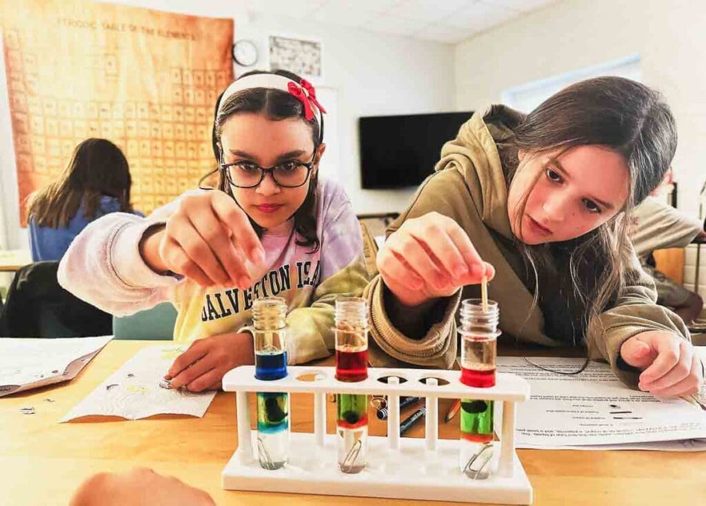 Middle school rigor without stress Two sixth grade girls perform chemistry experiment.
