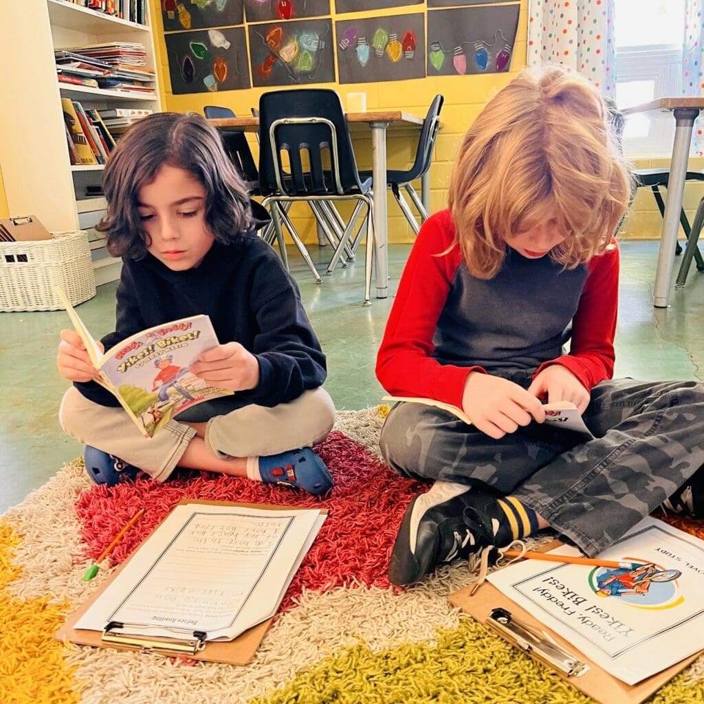 Second grade students work on language arts at micro school in Austin.