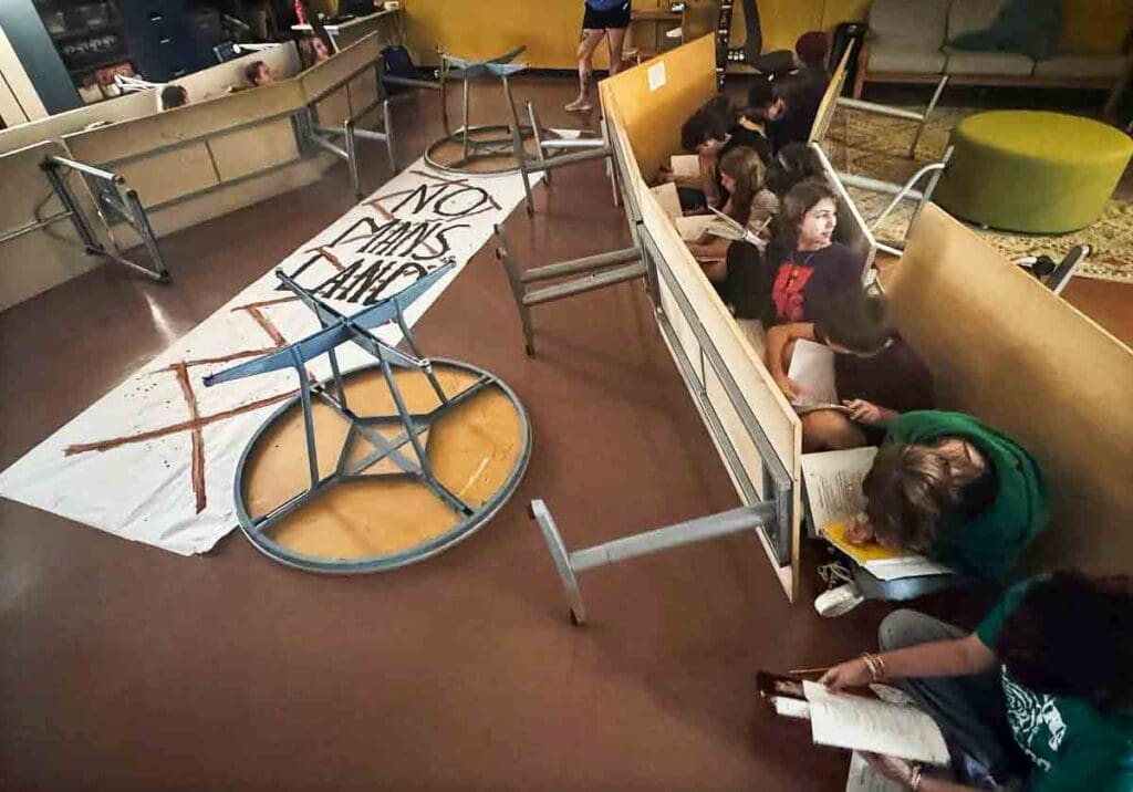 Middle school students reenact ww2 trenches at project based school.