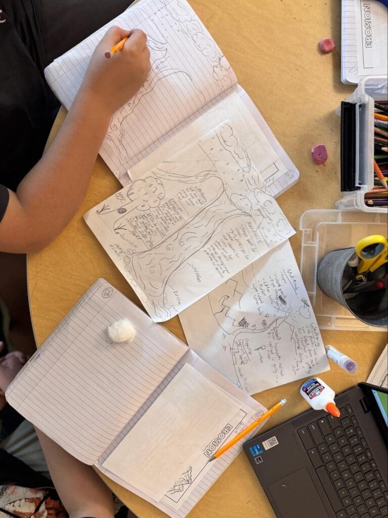 Middle school work displayed on table at private school in Austin.